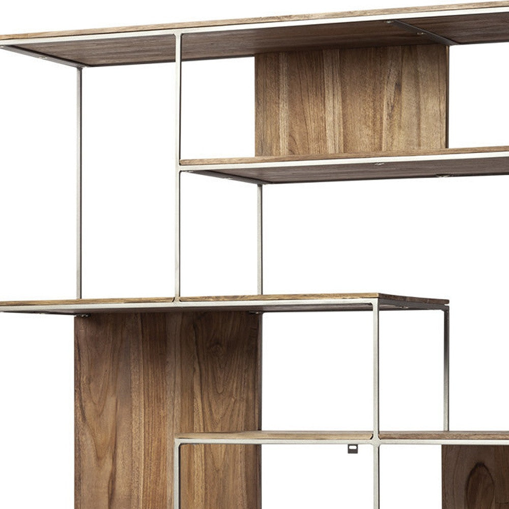 Brown Wood And Silver Metal Frame With 6 Shelf Shelving Unit