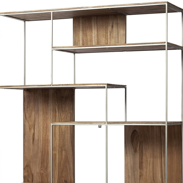 Brown Wood And Silver Metal Frame With 6 Shelf Shelving Unit