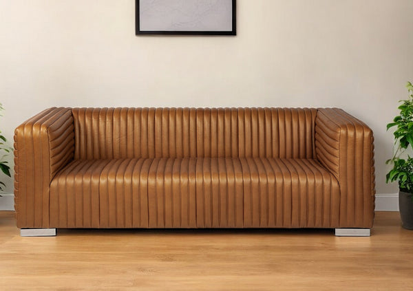 39 Gold Leather Sofa With Silver Metallic Legs