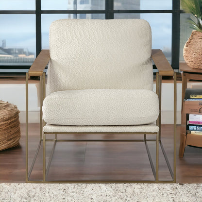 34" Cream And Wood Brown Linen Arm Chair