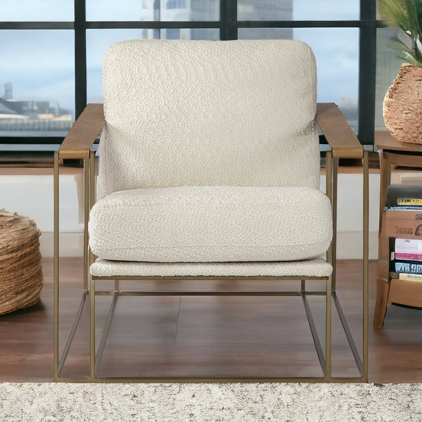 34 Cream And Wood Brown Linen Arm Chair