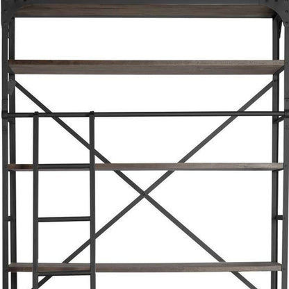 Brown Wood Shelving Unit With Gun Metal Ladder And 4 Shelves