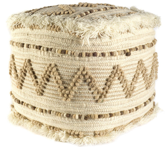 Woven ottoman with decorative patterns and tassels on a white background