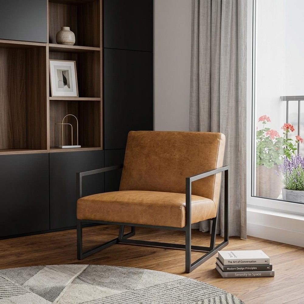32" Brown and Black Faux Leather Distressed Arm Chair