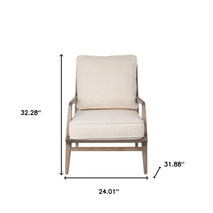 24" Ivory And Wood Brown Fabric Arm Chair