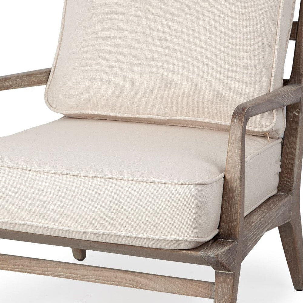 24" Ivory And Wood Brown Fabric Arm Chair