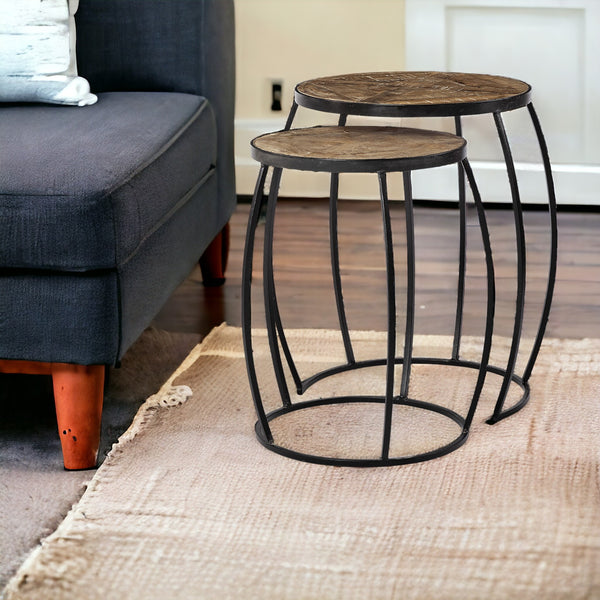 Set of Two 26 Black And Brown Solid Wood Round End Table