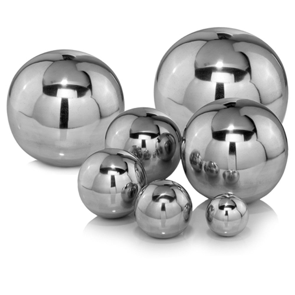 Set of Two Silver Buffed Aluminum Decorative Orb Tabletop Sculpture