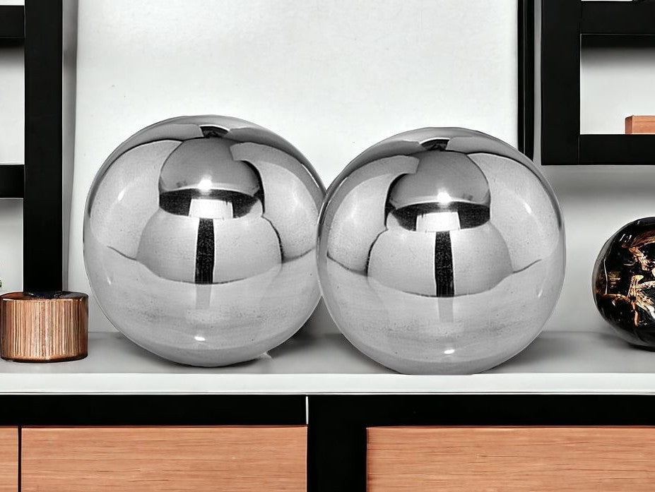 Set of Two Silver Buffed Aluminum Decorative Orb Tabletop Sculpture