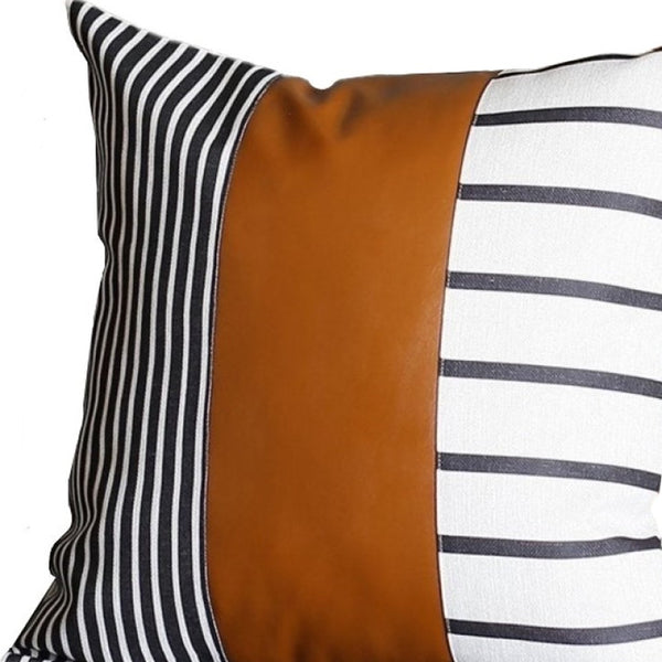 20 X 20 Black And White Stripes And Faux Leather  Pillow Cover