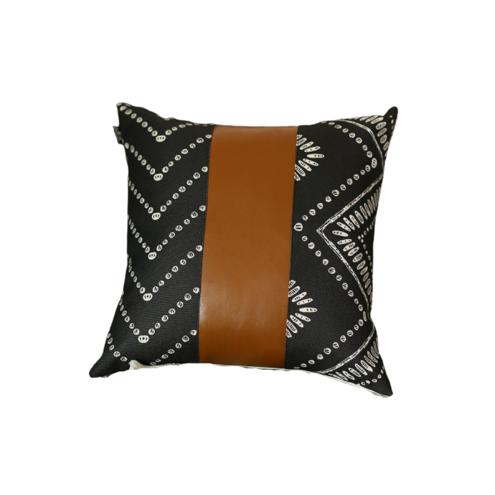 Set Of 2 Ikat Styled Patterns And Bright Brown Faux Leather Pillow Covers