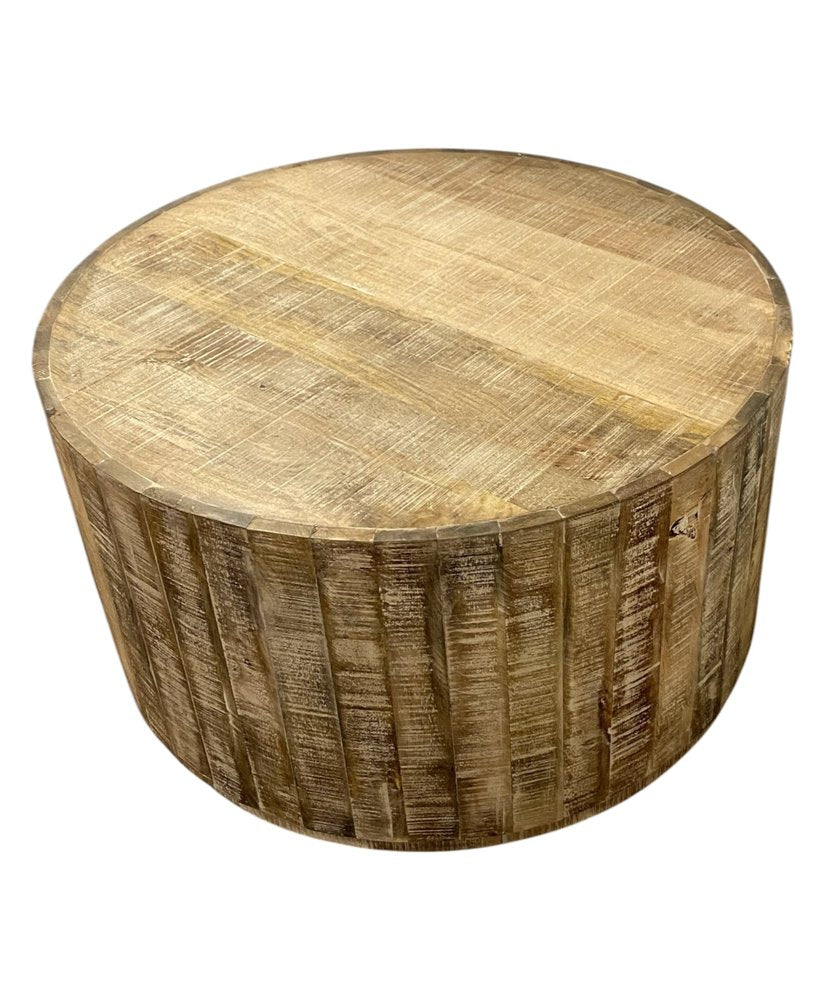 Round wooden side table on a white background