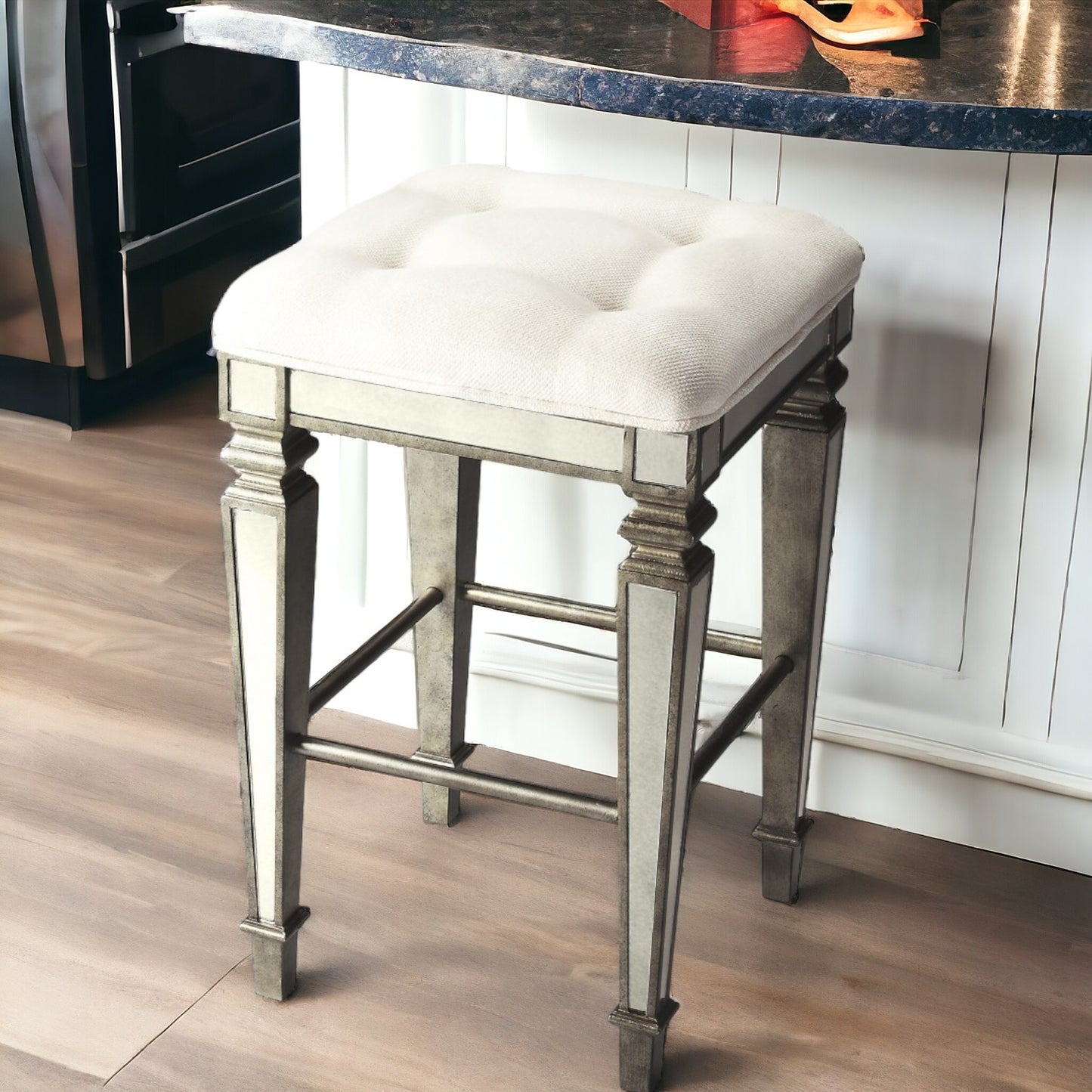 30" White And Silver Backless Counter Height Bar Chair