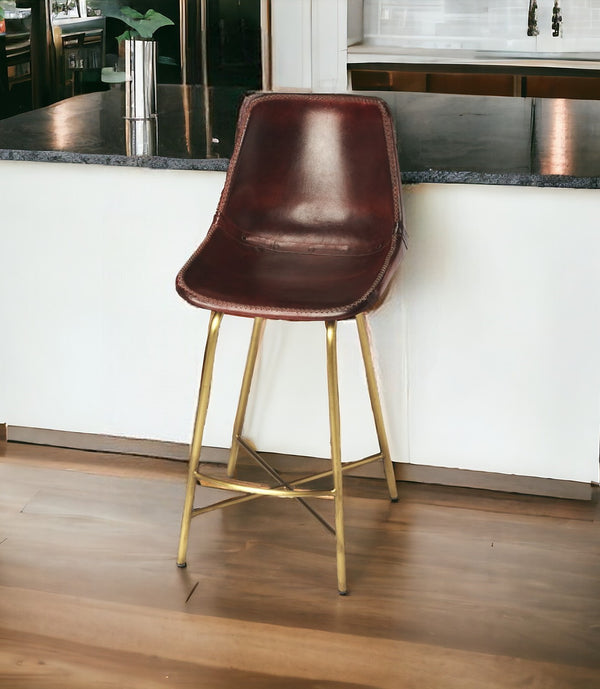 26 Brown And Gold Leather And Iron Bar Chair