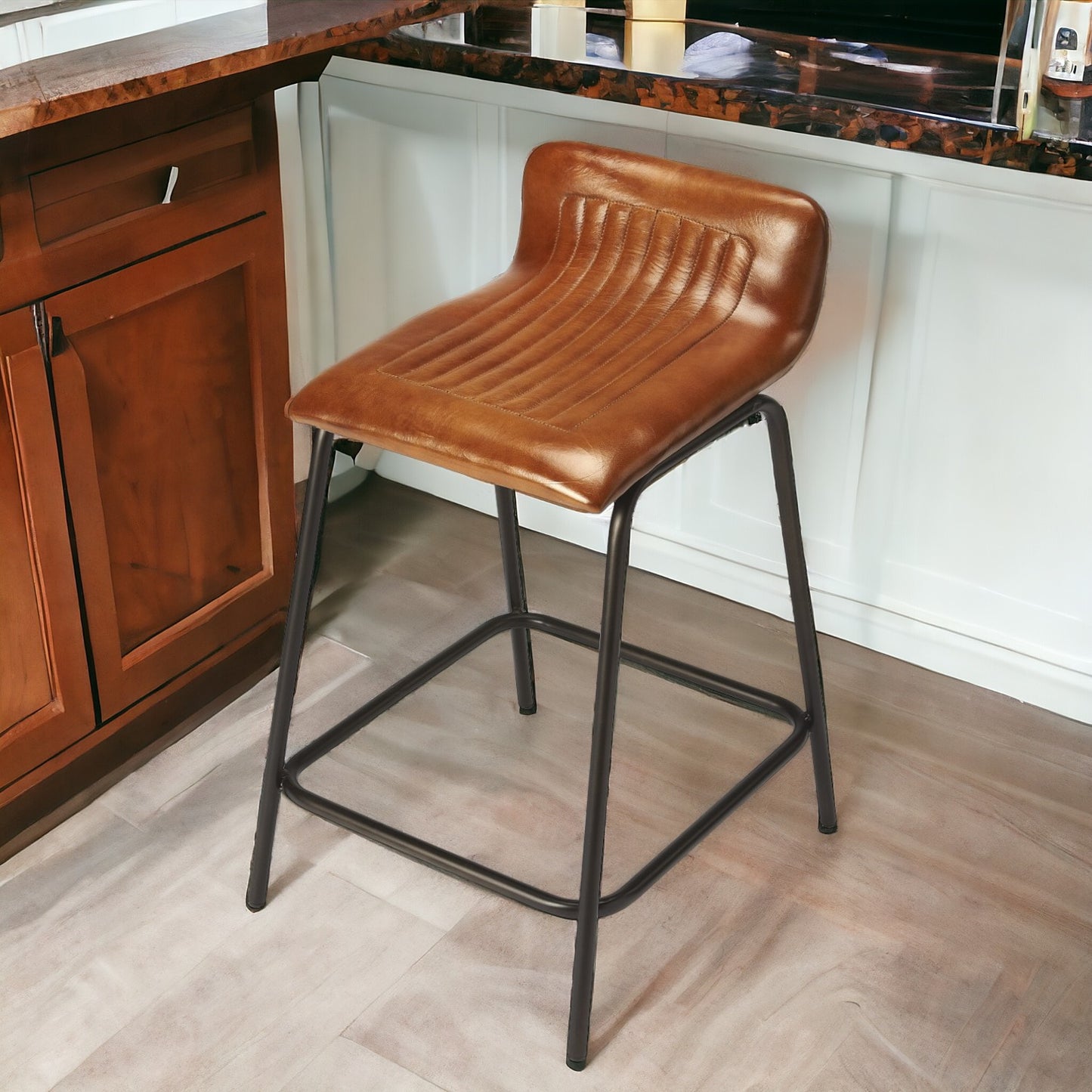 24" Brown And Black Iron Counter Height Bar Chair