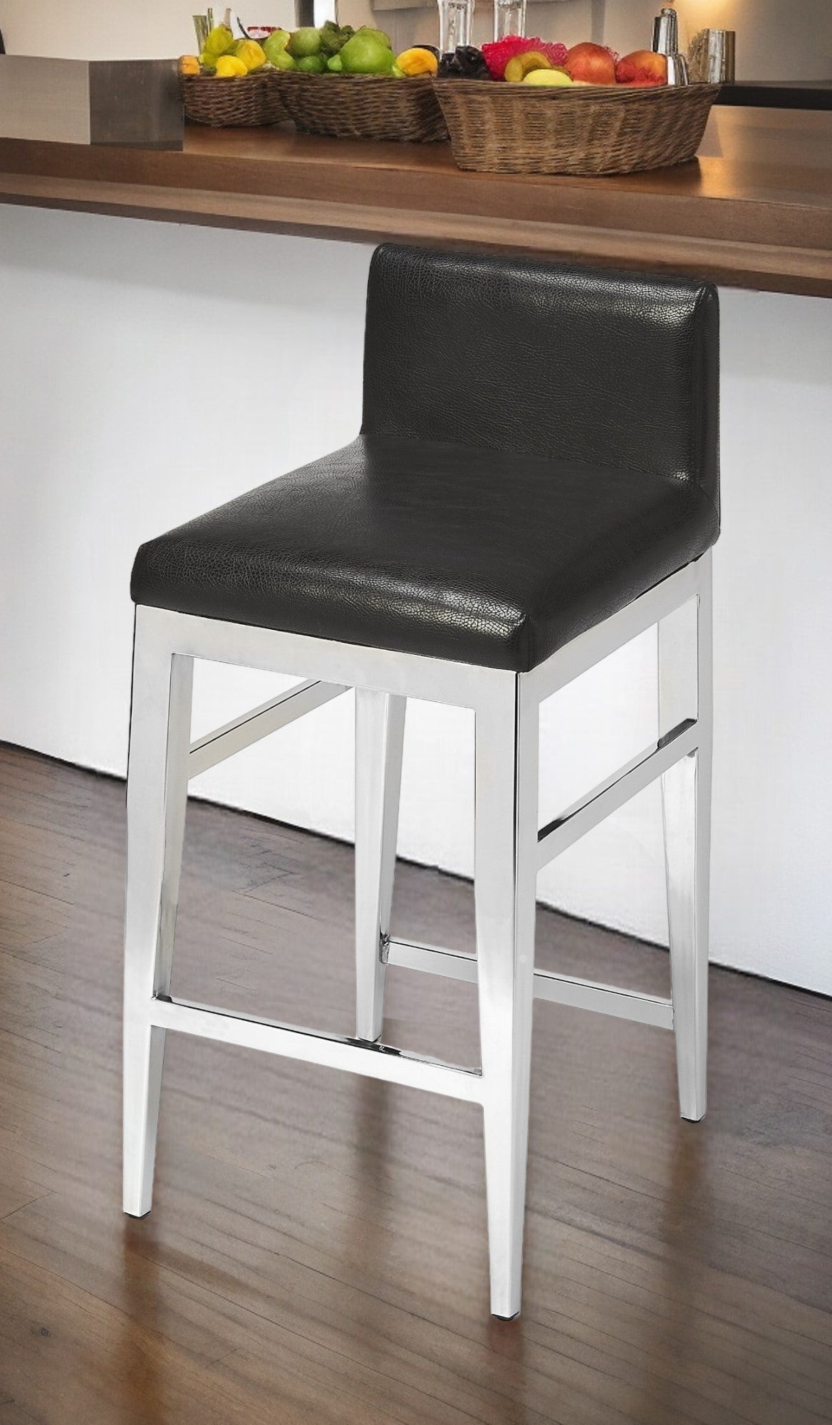 25" Black And Silver Metallic Faux Leather And Steel Bar Chair