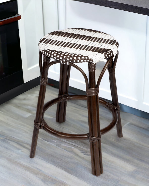 24 Dark Brown and White Rattan Backless Counter Height Bar Chair