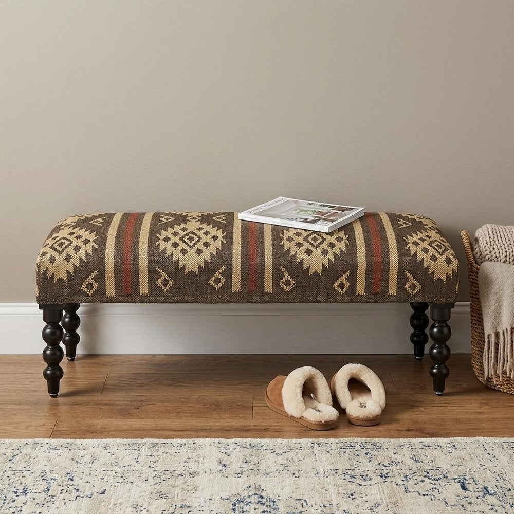48" Brown Upholstered Wool Southwest Distressed Bench