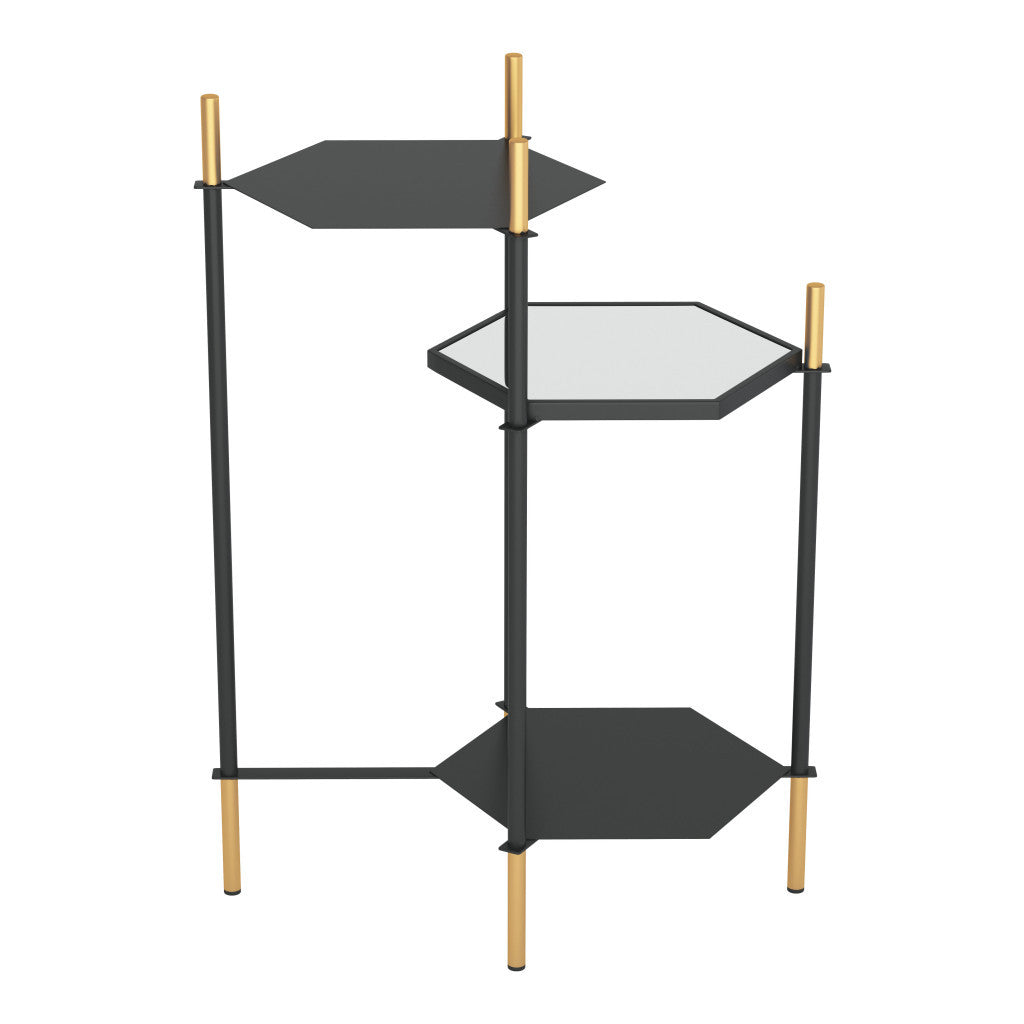 27" Gold And Black Glass End Table With Two Shelves