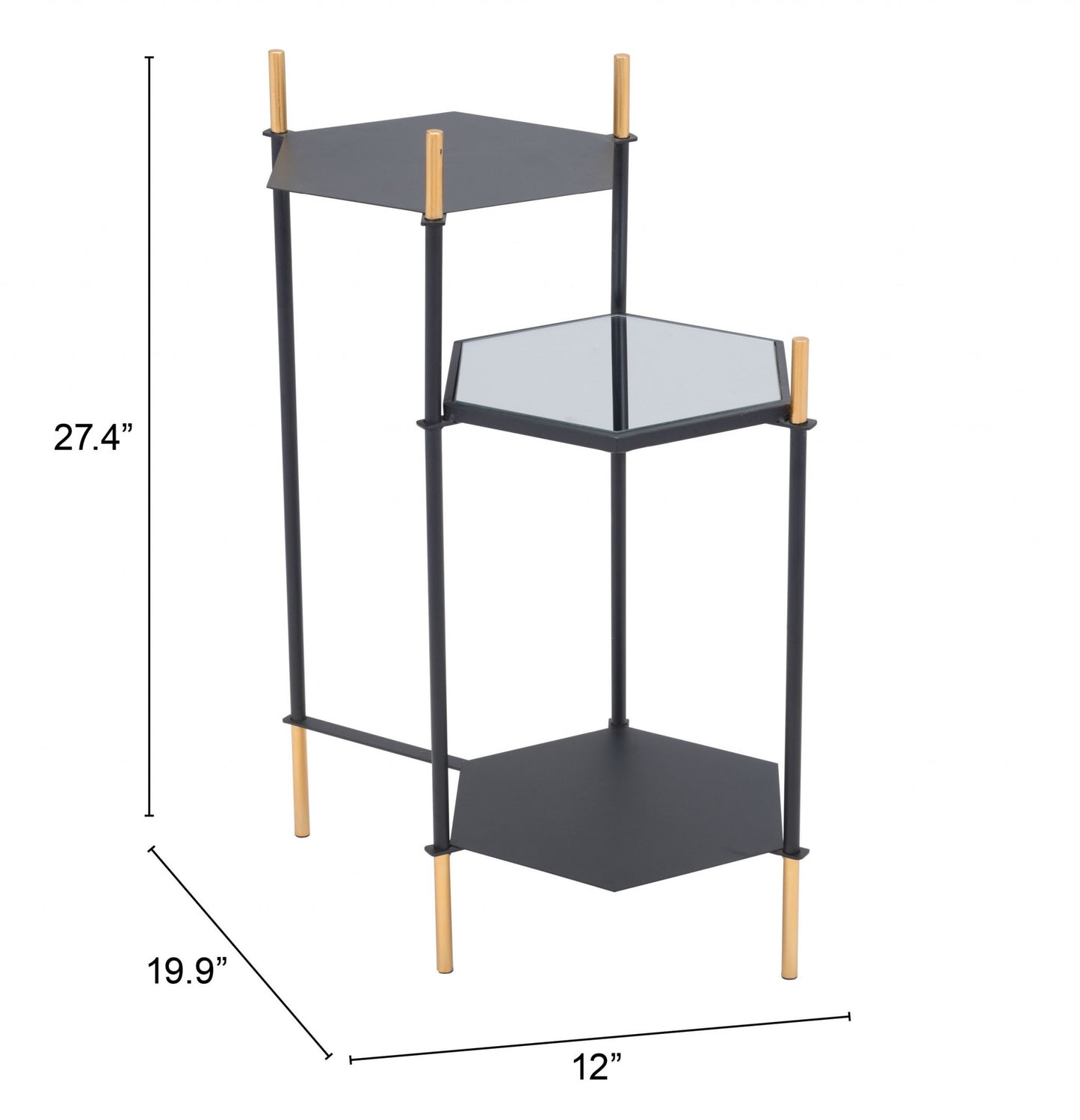 27" Gold And Black Glass End Table With Two Shelves