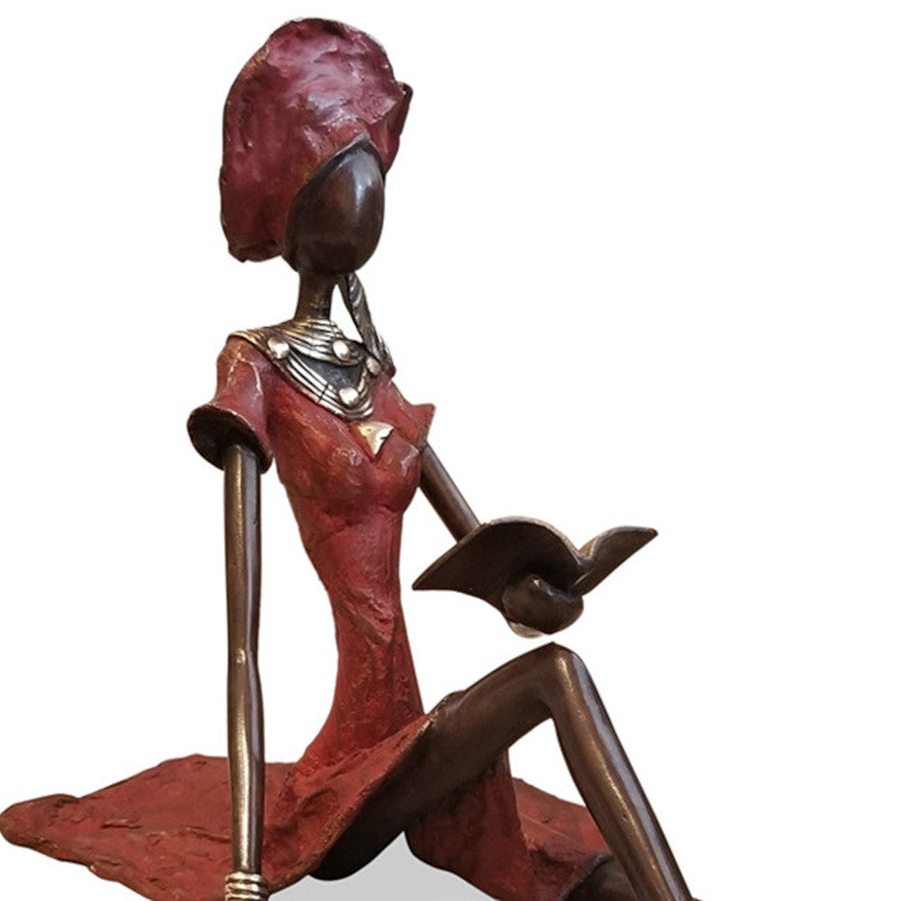 Vintage Bronze Seated West African Woman Reading Sculpture