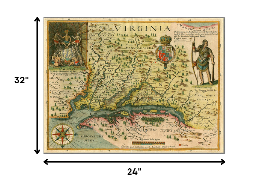 20" X 28" Map Of Virginia C1627 Vintage  Poster Wall Art