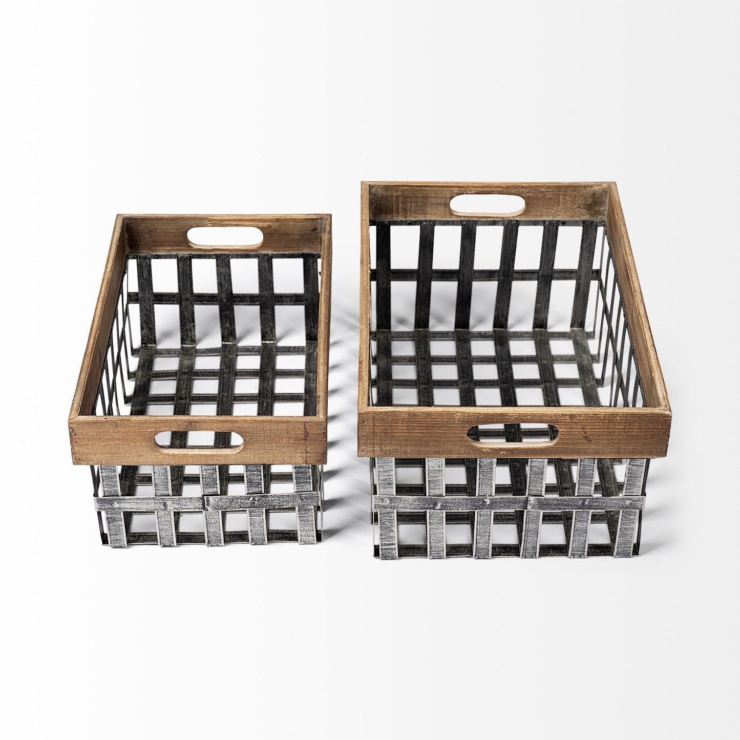 Set Of Two Wood And Metal Crate Baskets