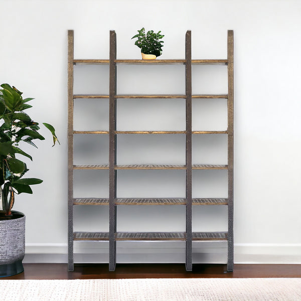 90 Brown Distressed Iron and Solid Wood Six Tier Bookcase