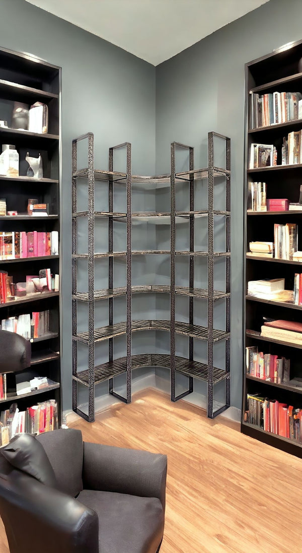 90 Black Iron Frame Curved Wooden Six Tier Shelving