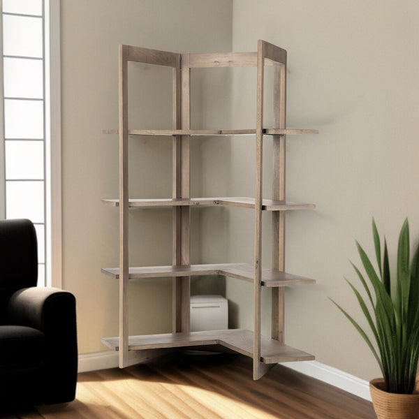 72 Brown Distressed Solid Wood Four Tier Corner Bookcase