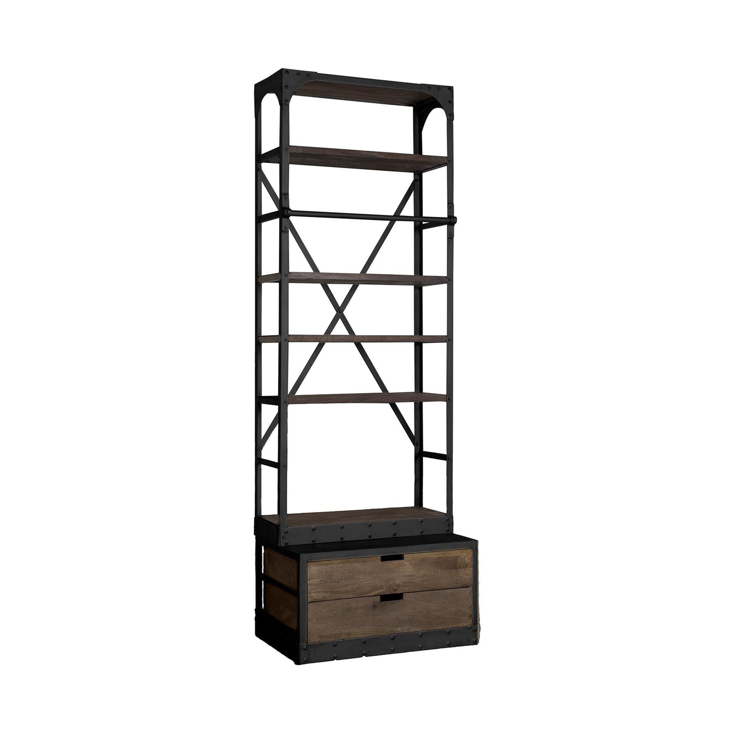 94" Black Distressed Iron and Solid Wood Five Tier Bookcase with Two Drawers