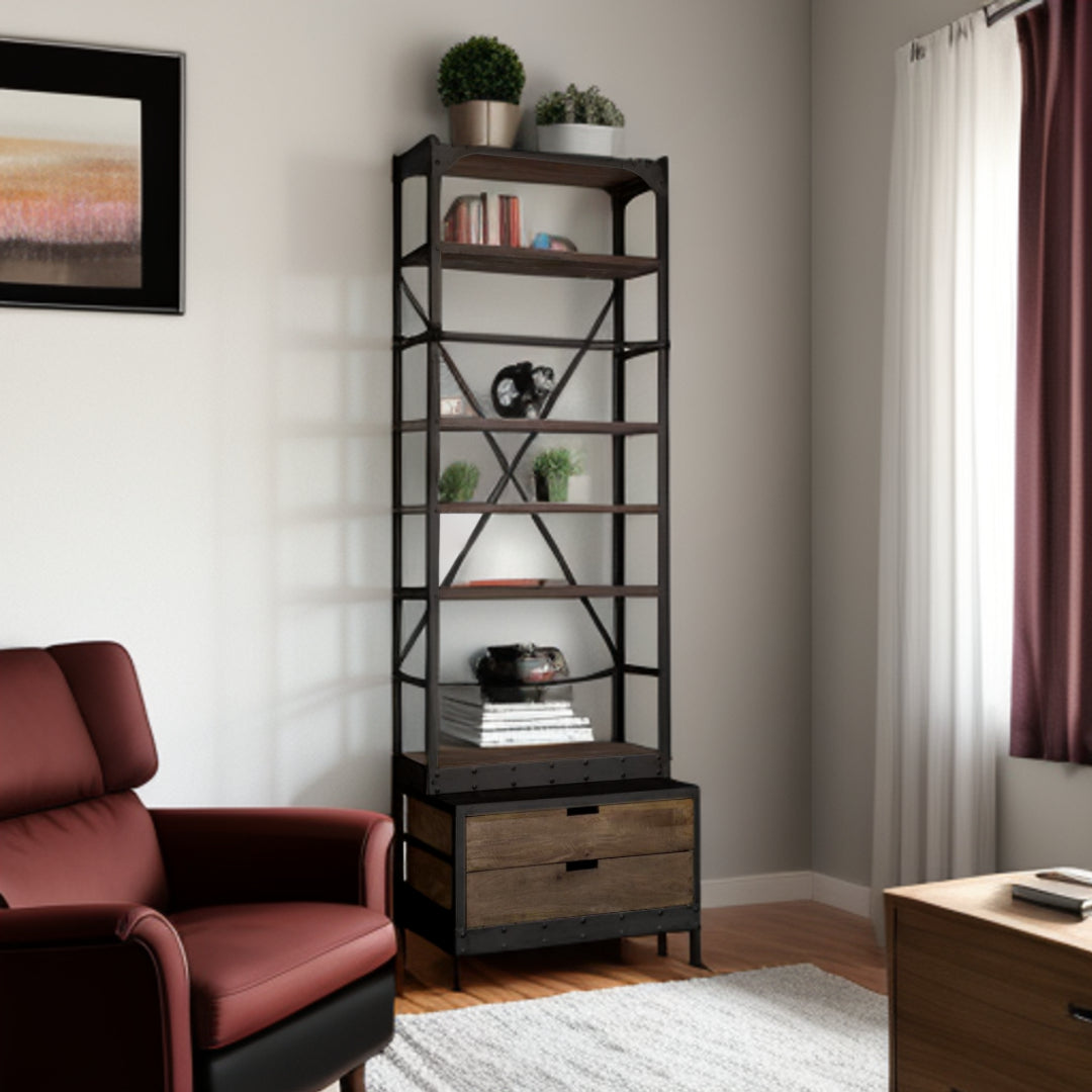 94" Black Distressed Iron and Solid Wood Five Tier Bookcase with Two Drawers