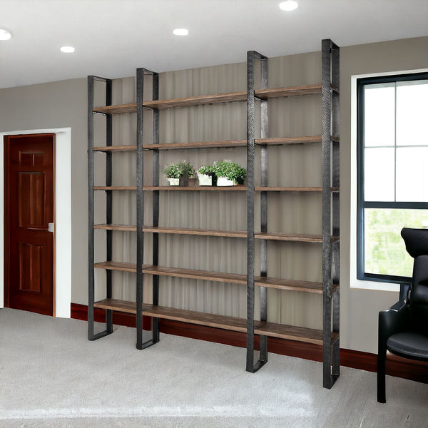 90 Brown Iron and Solid Wood Six Tier Bookcase