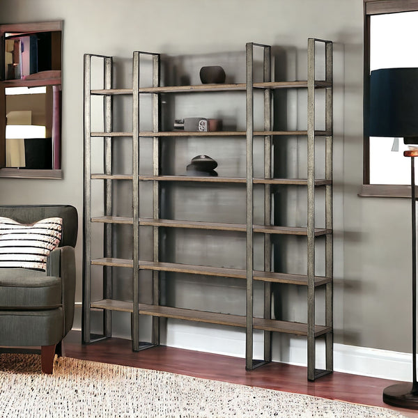 90 Brown Distressed Metal and Solid Wood Six Tier Bookcase