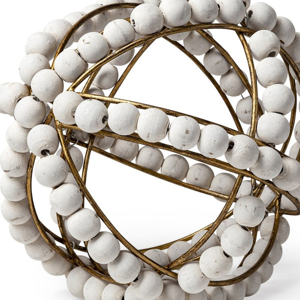 9 White Wooden Bead And Gold Orb Sculpture