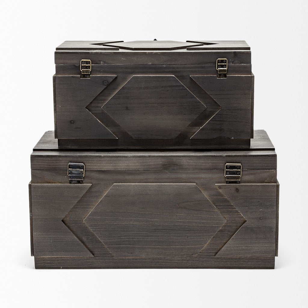 Set Of Two Brown Detailed Wooden Boxes