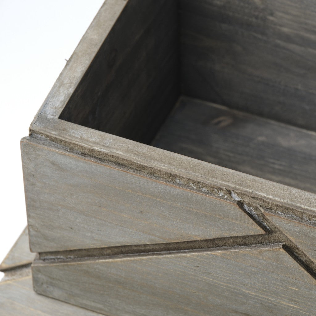 Set Of Two Gray Wooden Boxes With Carved Details