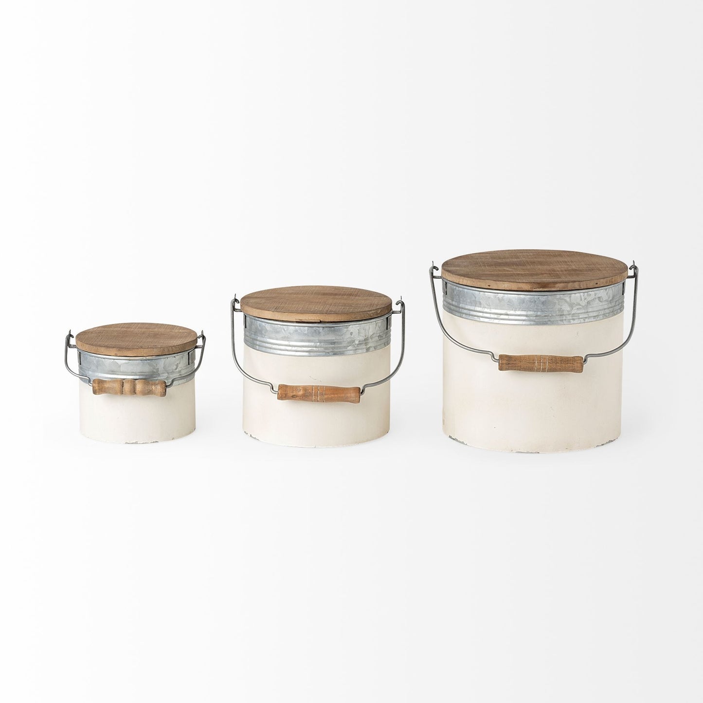 Set Of Three Rustic White Metal Storage Cans