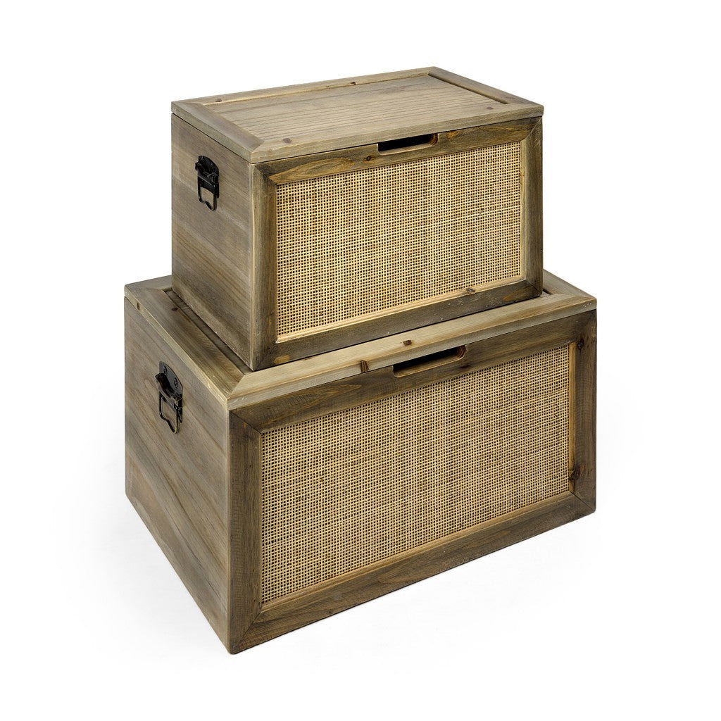 Set Of Two Wood And Cane Storage Boxes