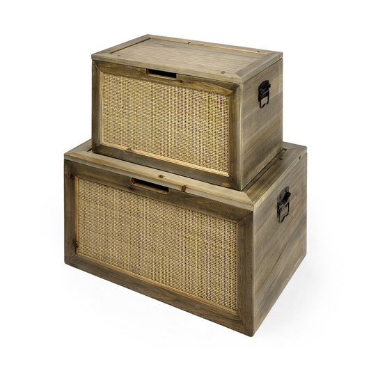 Set Of Two Wood And Cane Storage Boxes