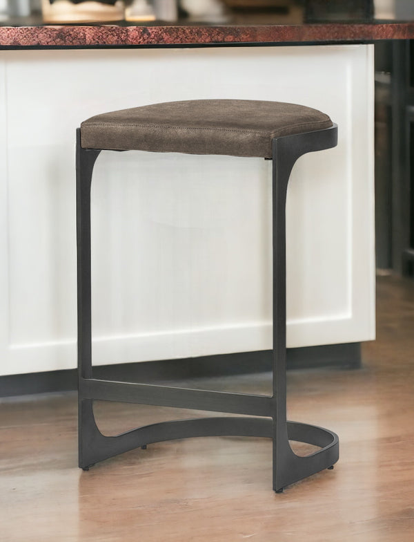 29 Brown Leather And Iron Backless Counter Height Bar Chair