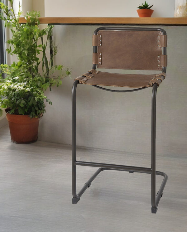 35 Brown Leather And Steel Bar Chair