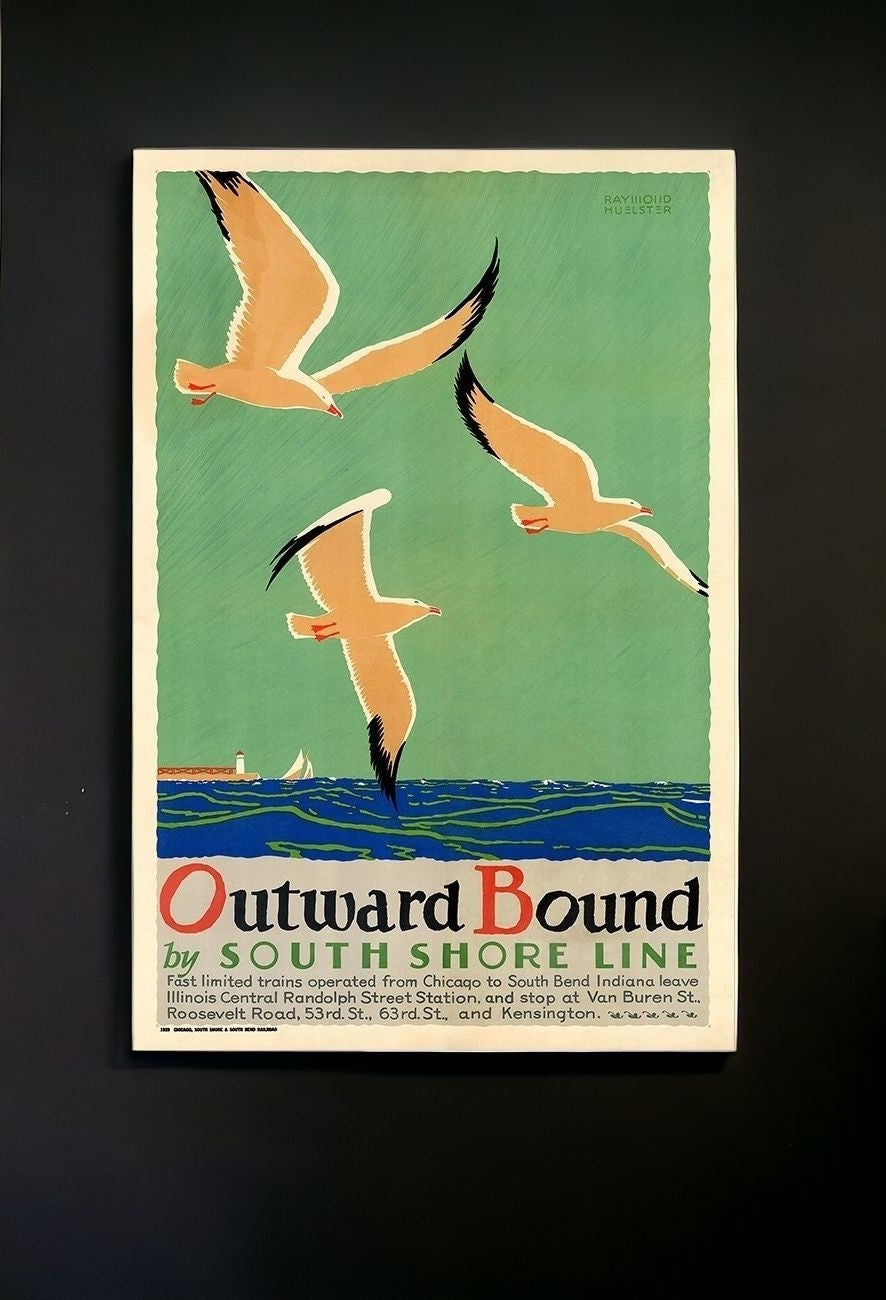 9" X 12" Birds Over Lake Michigan C1929 Vintage Travel Poster Wall Art