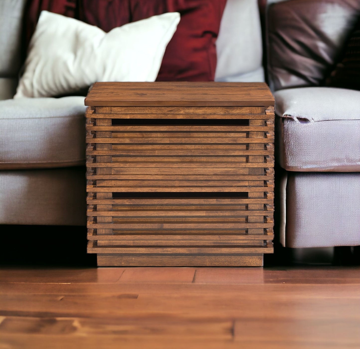 22" Walnut Solid Wood Modern Slat Design End Table with Drawers