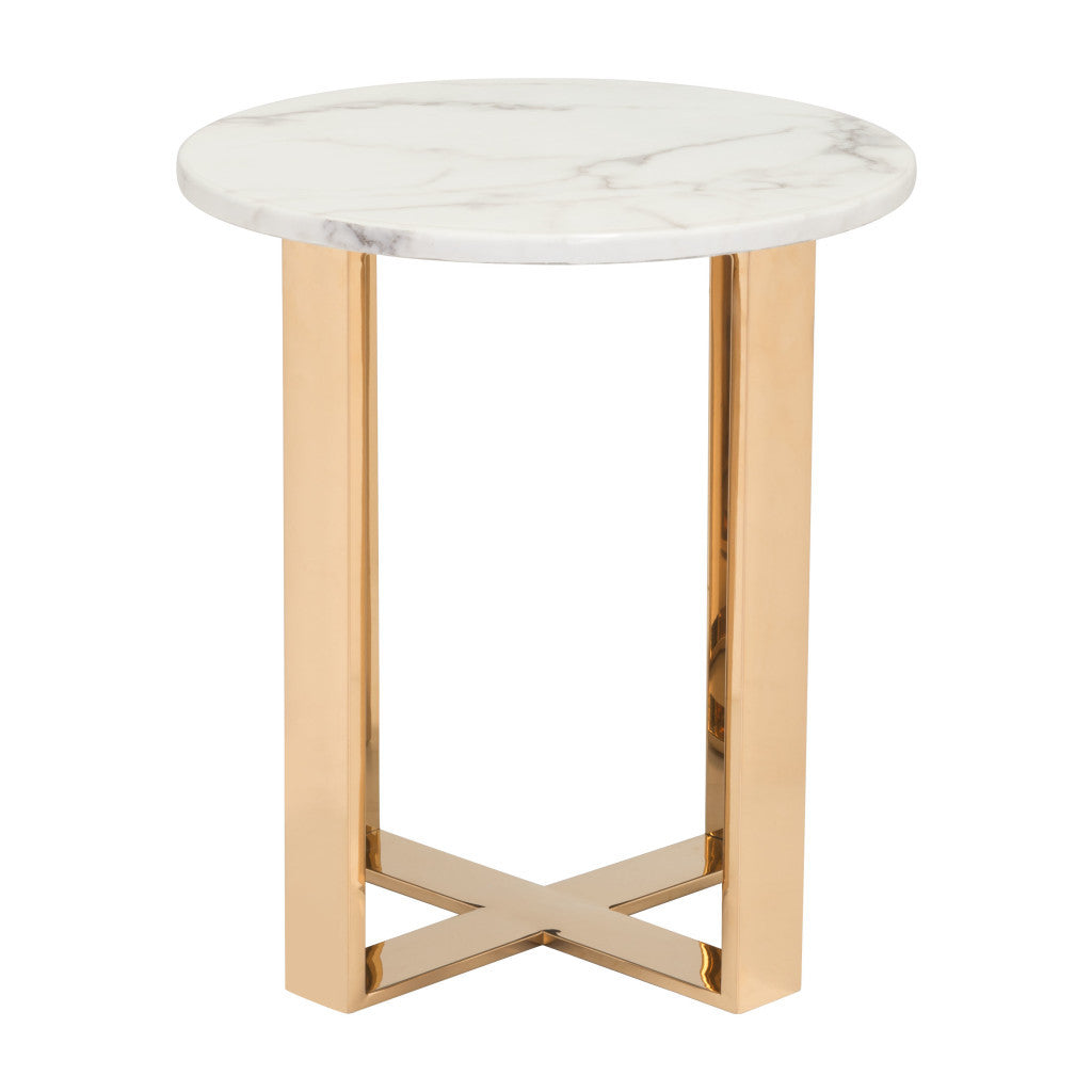 21" Gold And White Stone Round End Table