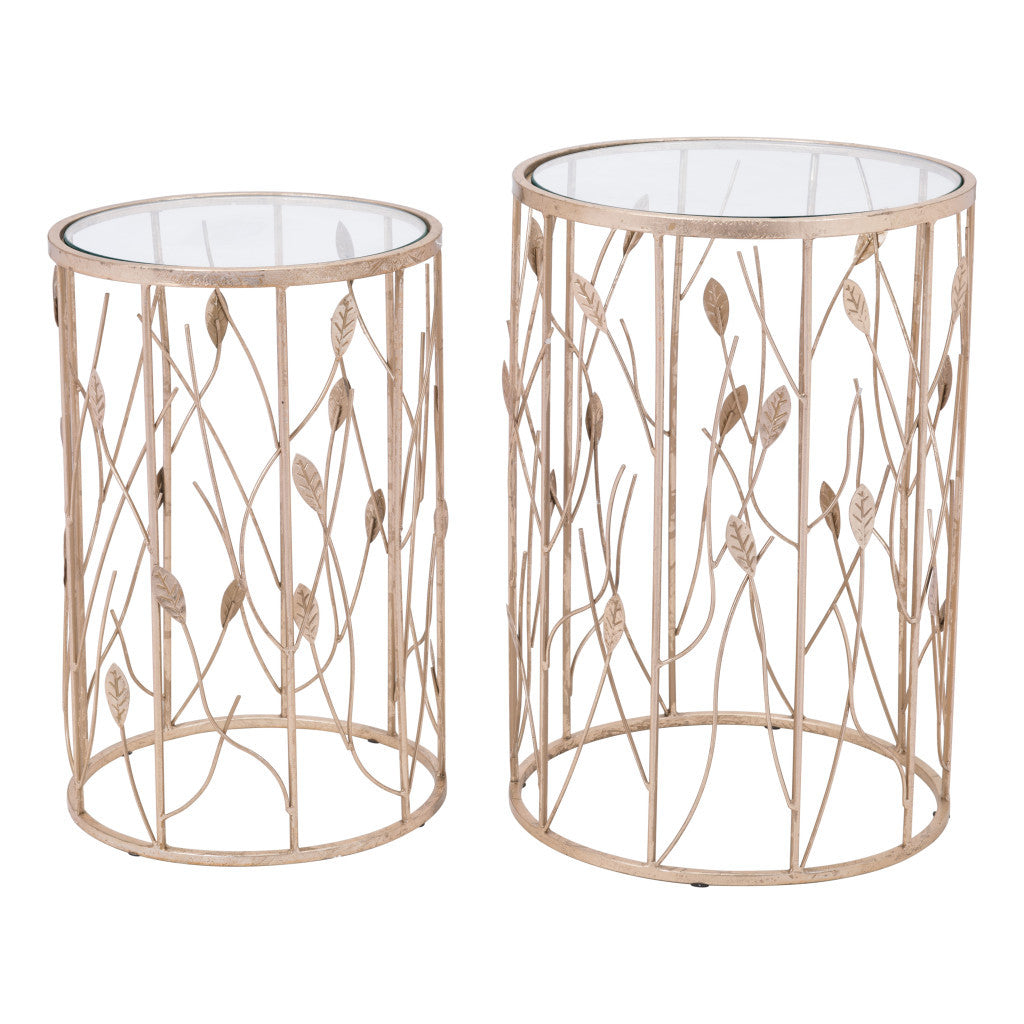 Set of Two Leaf Gold and Glass Side Tables