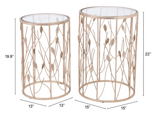 Set of Two Leaf Gold and Glass Side Tables