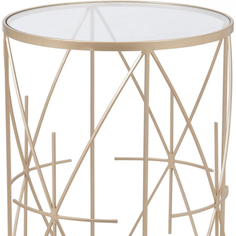 Set of Two Geometric Gold and Glass Side Tables