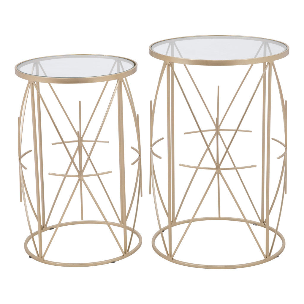 Set of Two Geometric Gold and Glass Side Tables