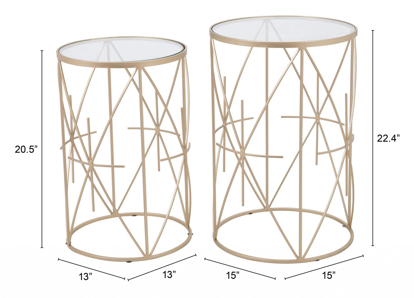 Set of Two Geometric Gold and Glass Side Tables